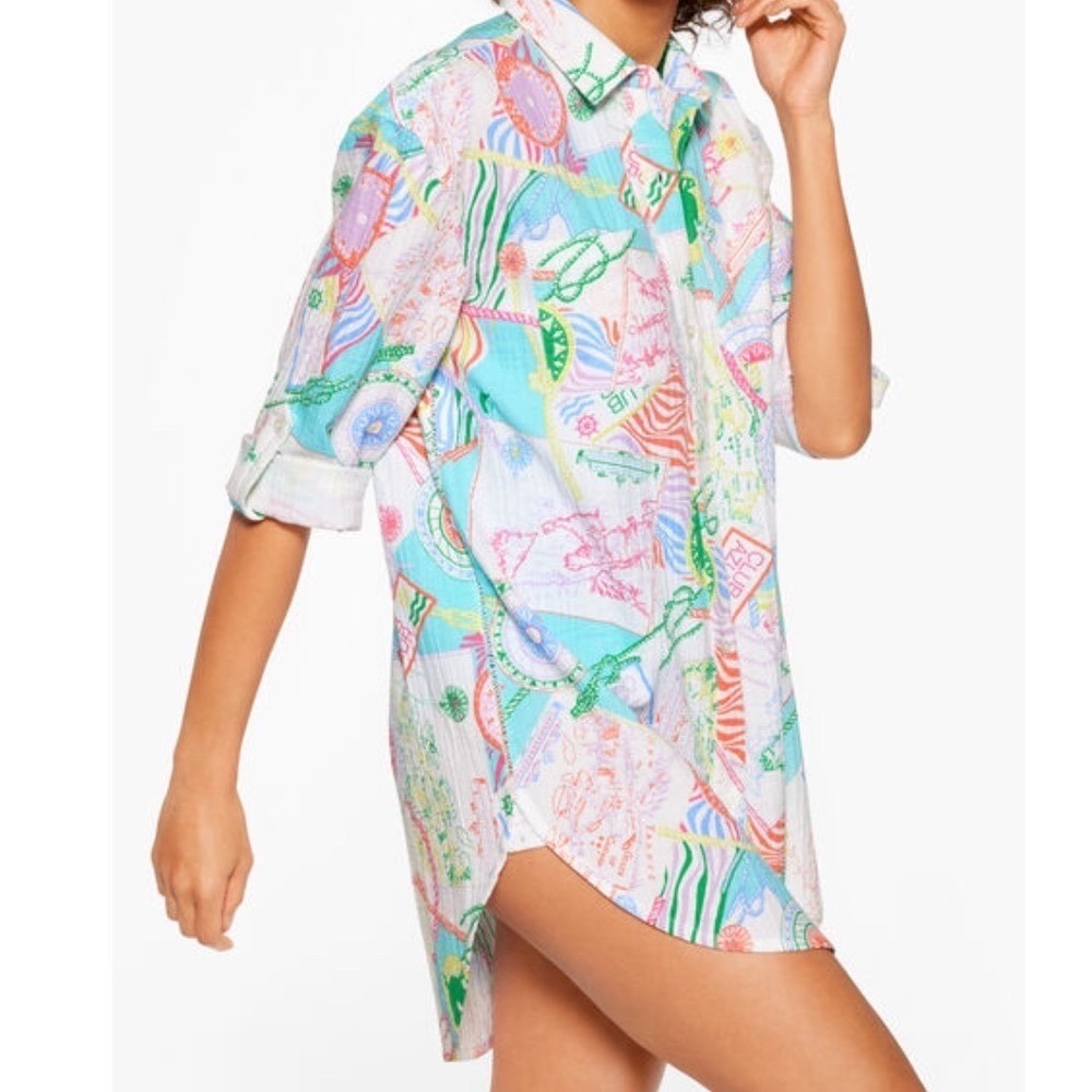 Talbots Aqua Club Tropical  Gauze Cotton Swim Shirt Cover Up Women's Small